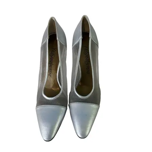 Vintage Yves Saint Laurent Classic Pumps Silver Mesh Pointed Toe Heels Size 7 M