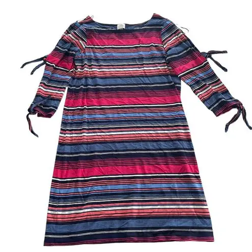 cupio  Dress Womens Medium Black Blue Pink Striped Tie Sleeve Cold Shoulder Shift