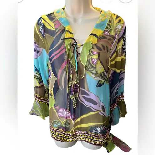 Adrienne Women's Medium Multi color Semi Sheer Ruffle Bell Sleeve Side Tie Top