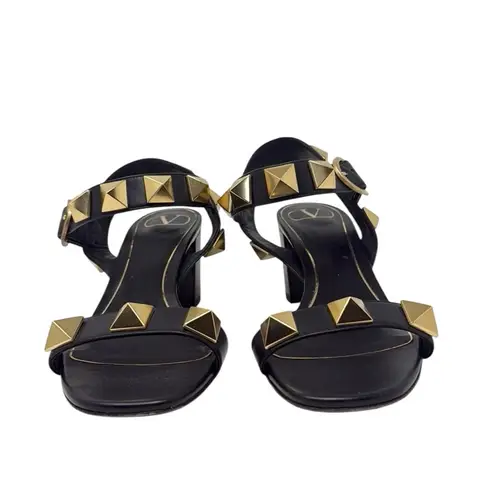 Valentino Garavani Roman Stud Sandals Leather Mid Heel Black Gold Size 38.5