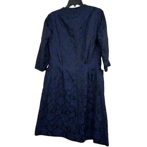 Vintage 1950s Handmade Navy Floral Brocade Coat Dress Mid Century Elegant Blue Size M