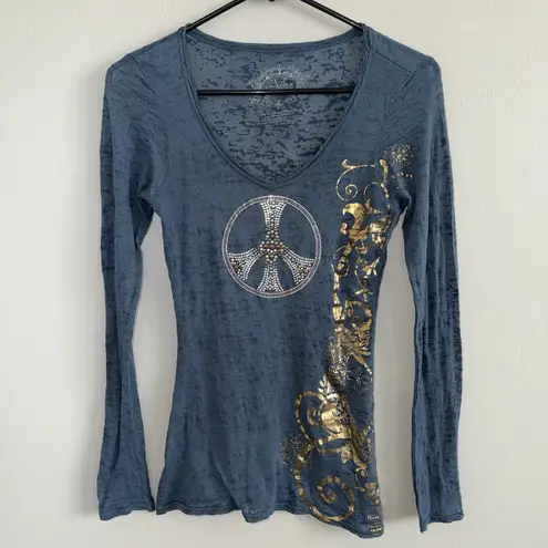 V Christina Y2K Burnout Long Sleeve Top Sz S Rhinestone Peace Sign Graphic Tee Blue