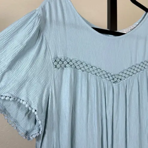 Lily White Boho Cottagecore Pullover Blouse 2X Soft Rayon Blue Lace Feminine Nautical Beach