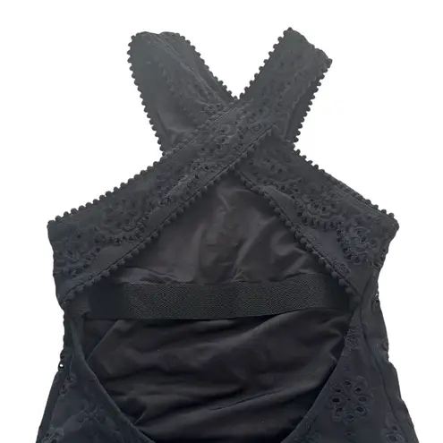 Shoshanna Black Embossed Stretch Eyelet High Neck One Piece Swimsuit Zero 0 XS