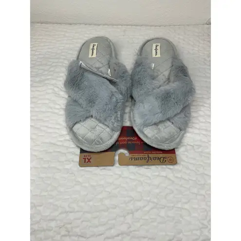 Dearfoams Women's XL 11-12 Grey Quilted Crossband Fuzzy Slippers Memory Foam