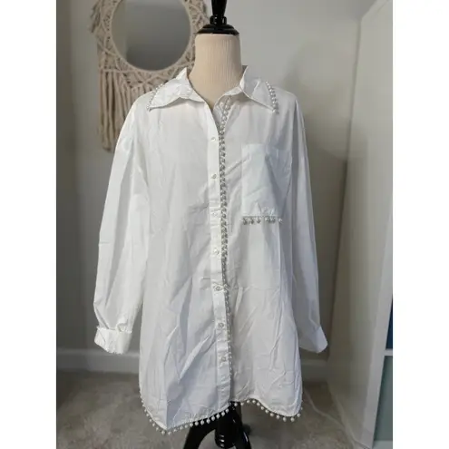 Andthewhy Women's White Pearl Embellished Beaded Classic Button Down Shirt Top Blouse XL