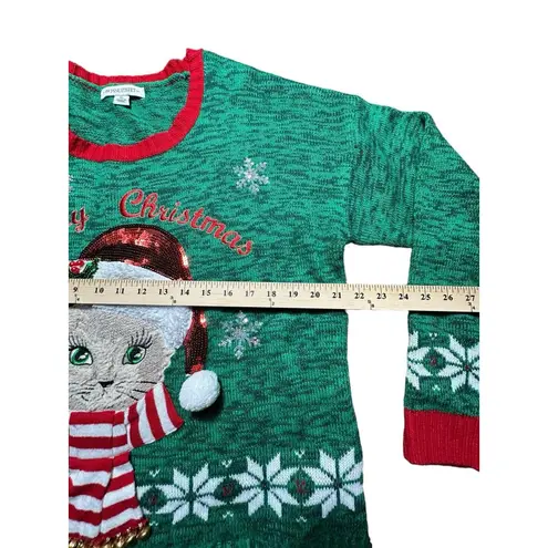 99 Jane Street XL Christmas Knit Green Sweater Cat Appliqué Crew Neck #X9