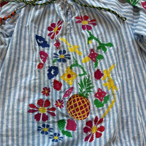 ZARA  BBWM Woman Striped Floral Fruit Embroidered Balloon Sleeve Boho Peasant Top