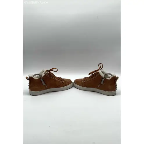 J/SLIDES Brown Leslie Shearling Trim Suede Leather Mid Top Sneakers