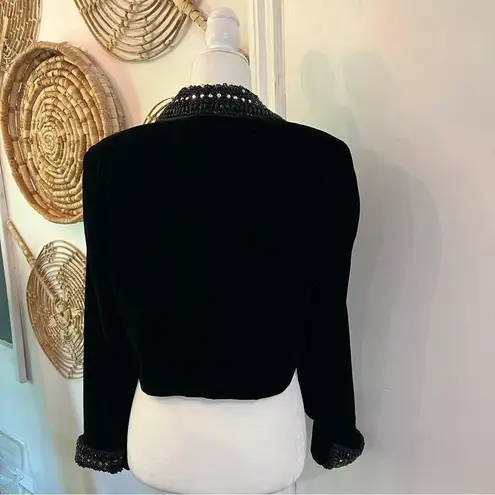 Vintage Dalton Black Velvet Beaded Sequin Cropped Evening Party Jacket Sz L Size L