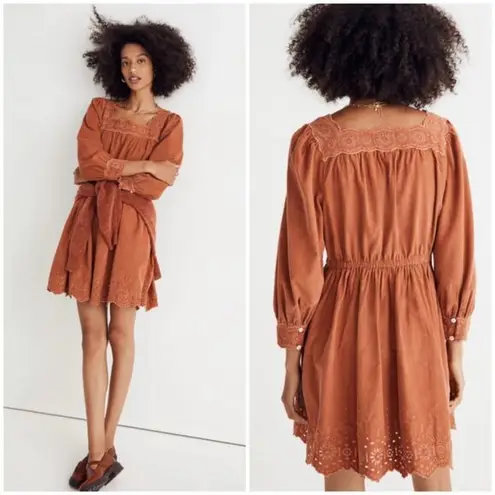 Madewell 💕💕 Embroidered Corduroy Square-Neck Mini Dress ~ Warm Umber Medium NWT