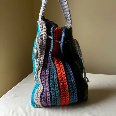 Handmade Colorful Crochet Bucket Bag Rainbow Striped Crossbody Hobo Festival NWT Green