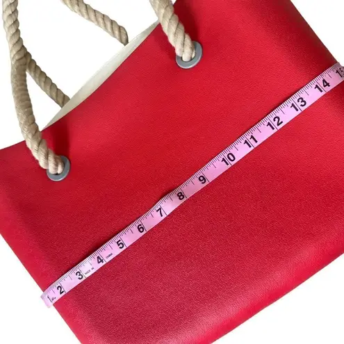 Beach Tote Red Rubber Canvas Lined Tote bag with braided rope handle