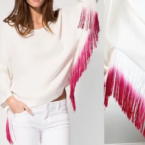 Maje Lila Fringe Long Sleeve Top Hot Pink Ombre Dip Dye White Magenta Bohemian S