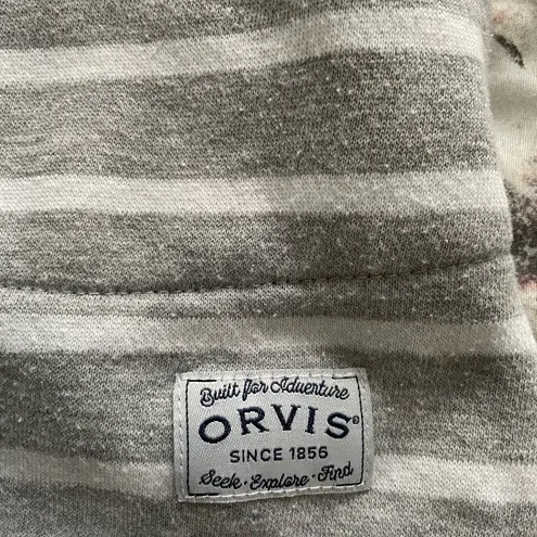 Orvis  women’s striped gray 1/4 zip logo pockets pullover sweatshirt, size M