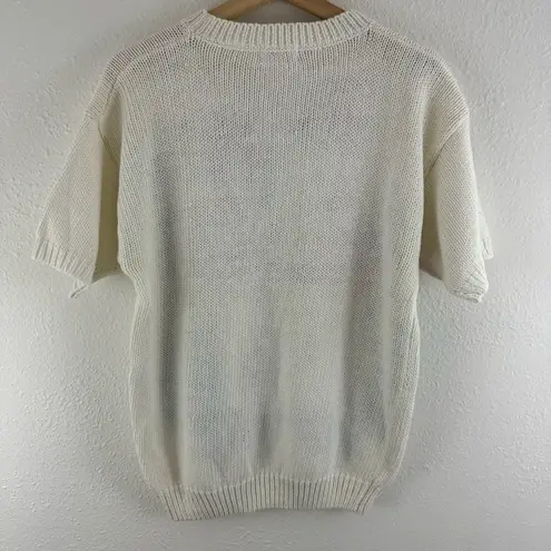 HONORS MISSES Vintage 1980s Retro White Pink Flamingo Short Sleeve Sweater Top Multiple