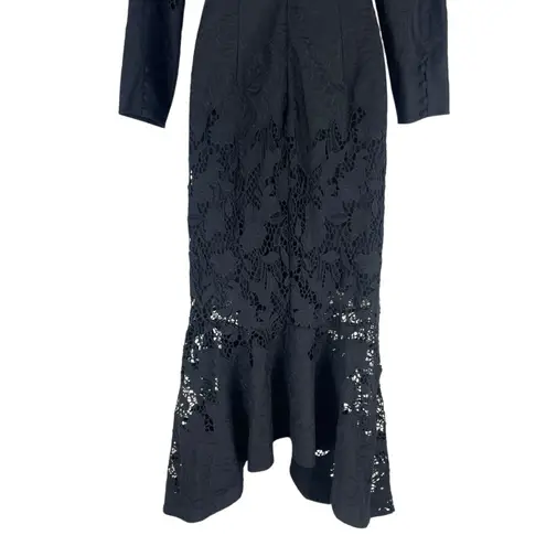 Marchesa Rosa Black Linen Lace Maxi Dress Handkerchief Hem Size 2