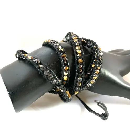 Victoria Emerson GOLD & BLACK BEADS WITH BLACK LEATHER WRAP BRACELET
