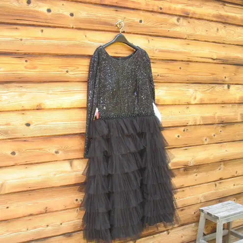 Mac Duggal 26299 Long Sleeve Ruffle Tiered Midi Dress Black 14 Stretch