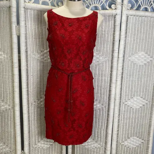 Vintage Elissa of California Red Lace Beaded Sheath Dress 60s Cocktail Party