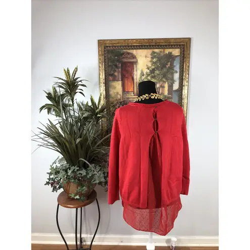 Lucky Brand  Women’s Medium Open Knit Sweater with Sheer Hem – Red Cotton Blend - Image 3