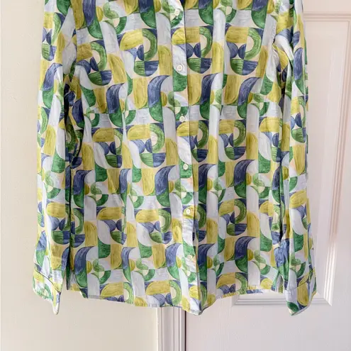 J. McLaughlin Button-Up Shirt Womens Long Sleeve Yellow Green Geo Print Large