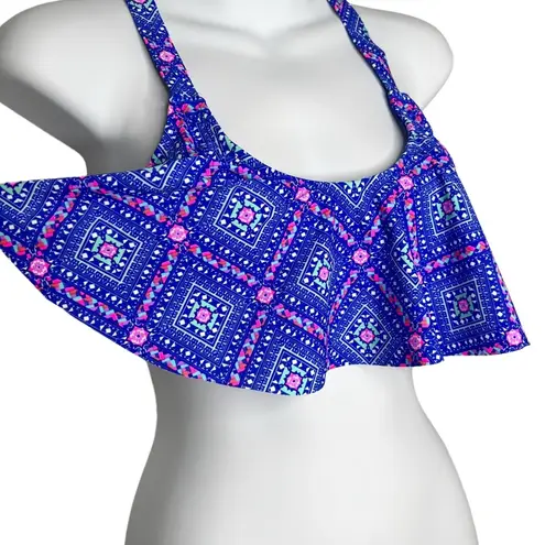 Ymi NWT Crochet Racerback Blue Geometric Ruffle Bikini Swim Top