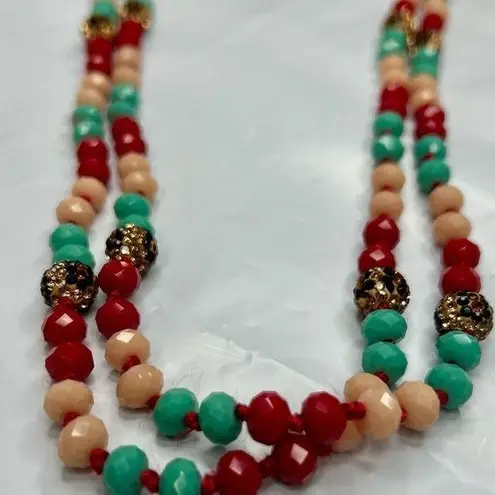 Red Green Cream Gold and Leopard beaded Necklace and Bracelet Set