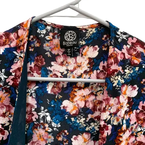 Bobeau Floral blue pink midi chiffon wrap tie dress asymmetrical modest feminine