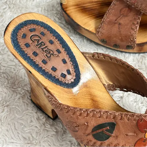Carlos Santana Vintage Wood Platform Brown Leather Wedge Sandals Heels