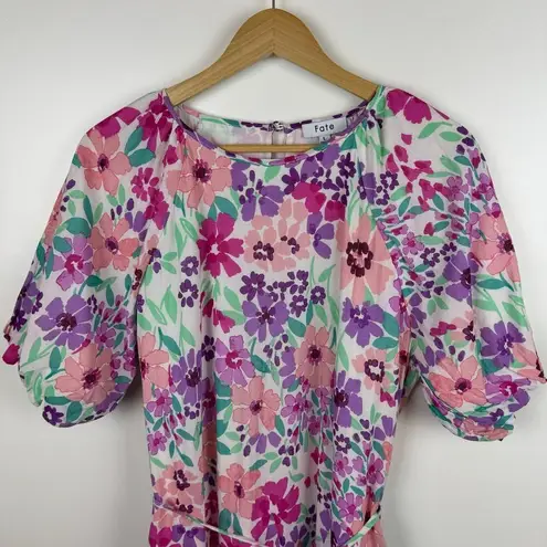 Fate Women Frances Floral Pleated Skirt Dress Sz L Puff Sleeve Colorful Feminine Pink Size L