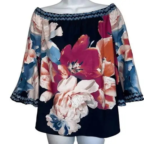 Jealous Tomato On or Off Shoulder Black Floral Belled Sleeve Top NWOT Size Small