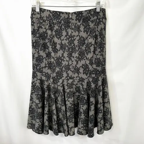Michael Kors Sz 10 Midi Skirt Trumpet Black Gray Lace Print Flare Whimsigoth 195