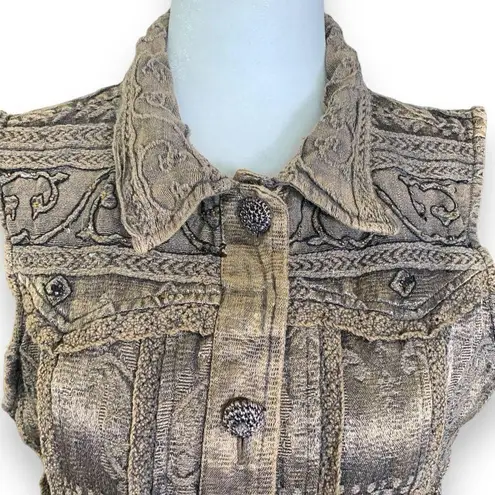 Vintage Flashback Vest Metallic Brown Floral Detail Lace Embroidered High Neck Brown Size M
