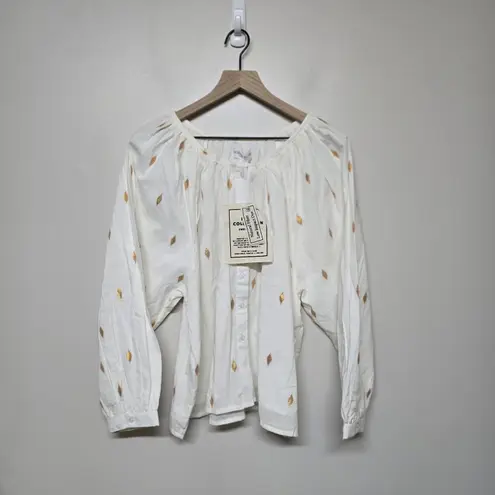 Emerson Fry India Collection Frances White Gold Print Blouse L Boho Peasant Top Size L