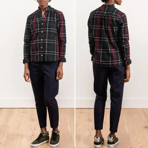 Trovata Birds of Paradis Caroline Ruffle Cuff Blouse Wine Navy Plaid Size Small Blue