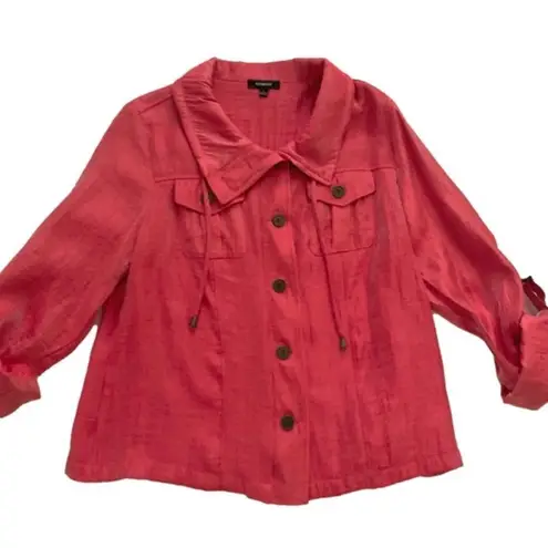 Elementz Blouse Jacket Shacket Orange Coral Shimmer Roll Tab Sleeves Large
