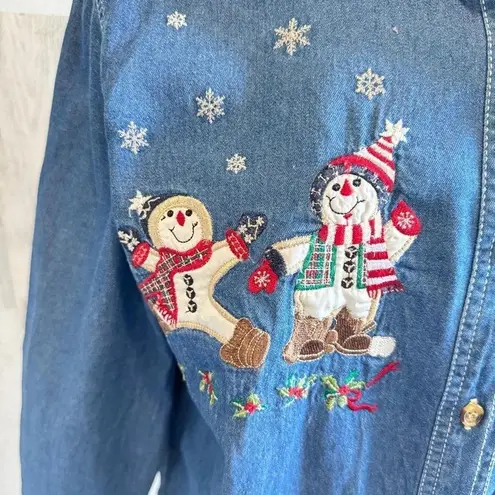 Vintage Snowman Denim Shirt large Embroidered Holiday Button