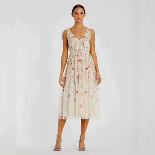 Mac Duggal 5527 Cream V-Neck Sleeveless Midi Floral Beaded A-line Dress $598