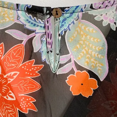 Raga Anthropologie Blouse Tassel 3/4 Sleeve V-Neck Black Orange Floral Top Small