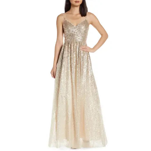 Eliza J Sequined Backless Sleeveless Long Ball Gown Gold Size 8 Formal Dress