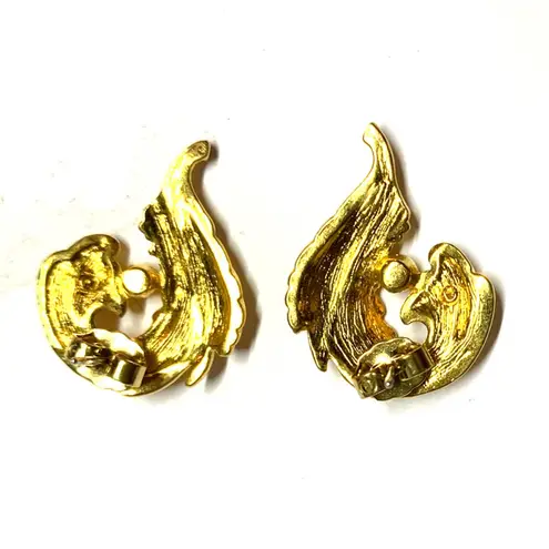 Vintage Gold Tone Feather Earrings with Clear Rhinestone Accent