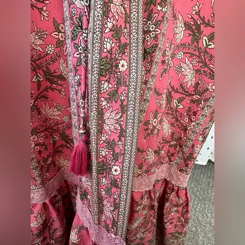 Boemo Bohemian Kaftan Floral Button Down Drawstring Tassel Midi Maxi Dress M Size M