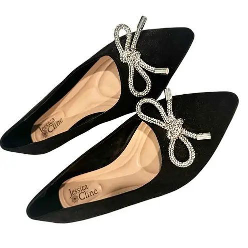 Jessica cline Taytum Flats Rhinestone Bow Women's 7W Black Faux Suede Preppy