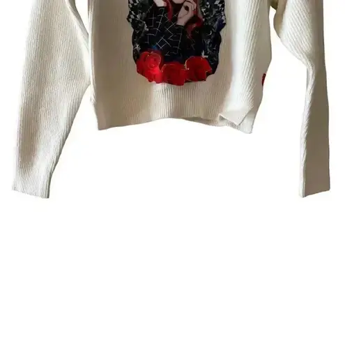 Kinddog Unique Long Sleeves Cropped Girl Womens Ivory Red Winter Cozy Sweater S White