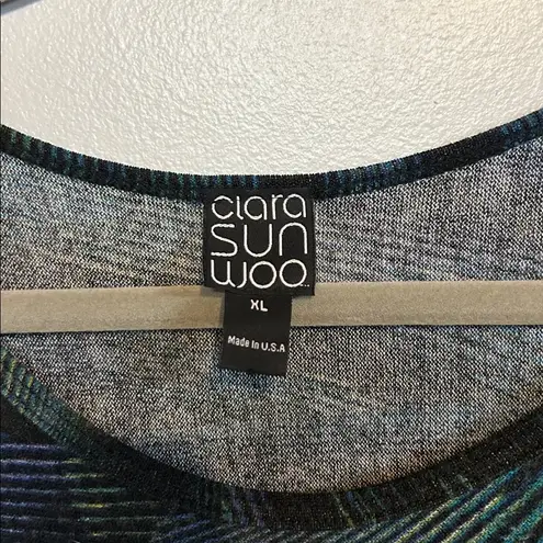 Clara Sun Woo Lightweight Cozy Poncho Sleeve Sweater Tunic Peacock Pinstripe XL Blue