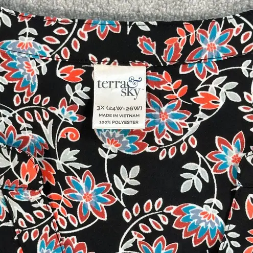 Terra & Sky  Women's Plus 3X Top Black Floral Button Front Pleated Tie Blouse