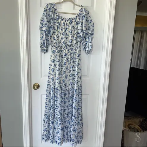 Love Colette Off The Shoulder Maxi Dress Blue White Floral Womens Size Medium