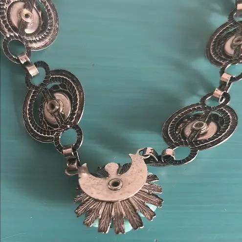 Vintage Faux Turquoise Cabochon Silver Tone Link Southwestern Choker Necklace Blue