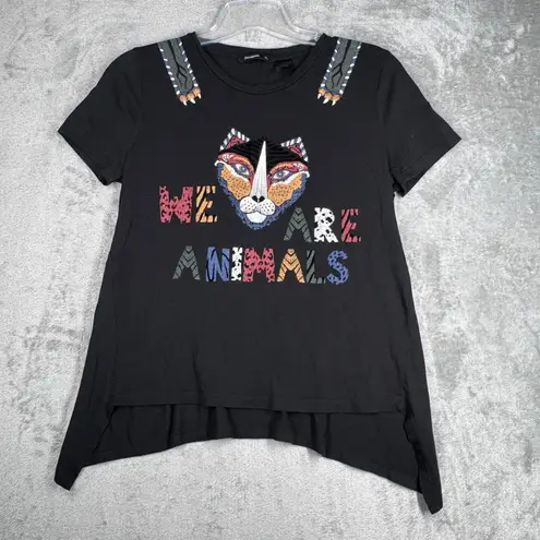 Desigual Shirt Womens XL Black Beaded We are Animals Tiger Artsy Art to Wear
